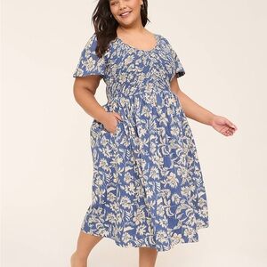 Lane Bryant Smocked Floral Blue and Cream Dress